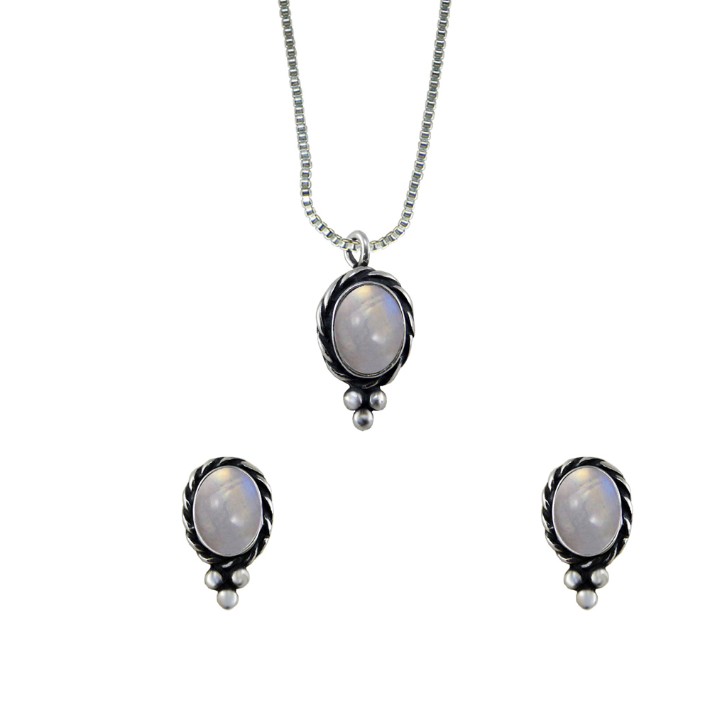 Sterling Silver Petite Necklace Earrings Set Rainbow Moonstone